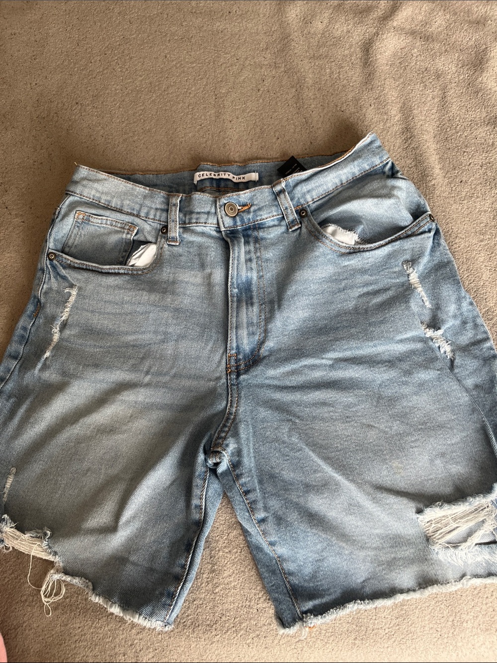 Celebrity Pink Light Blue Distressed Denim Shorts